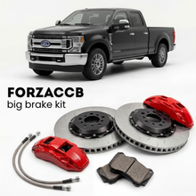 Black Ford F-250 Super Duty IV Super Cab Long box (2017-2019) shown above a ForzaCCB iron rotor big brake kit with 2x red 6-piston front calipers, 2x two-piece floating ventilated brake discs 380 mm, set of brake pads, and brake lines.