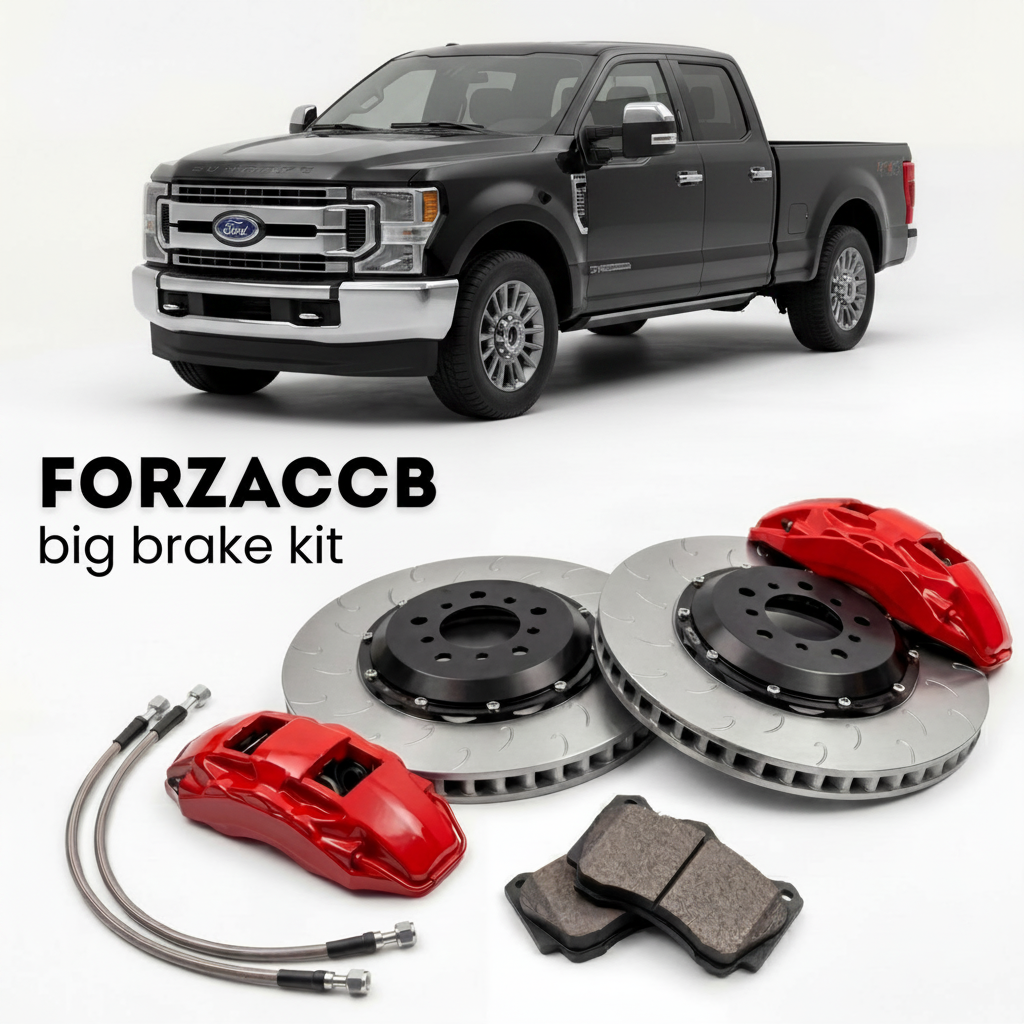 Black Ford F-250 Super Duty IV Super Cab Long box (2017-2019) shown above a ForzaCCB iron rotor big brake kit with 2x red 6-piston front calipers, 2x two-piece floating ventilated brake discs 380 mm, set of brake pads, and brake lines.