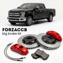 Black Ford F-250 Super Duty IV Super Cab Short box (2017-2019) shown above a ForzaCCB iron rotor big brake kit with 2x red 6-piston front calipers, 2x two-piece floating ventilated brake discs 380 mm, set of brake pads, and brake lines.