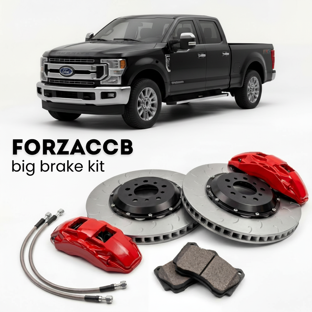 Black Ford F-250 Super Duty IV Super Cab Short box (2017-2019) shown above a ForzaCCB iron rotor big brake kit with 2x red 6-piston front calipers, 2x two-piece floating ventilated brake discs 380 mm, set of brake pads, and brake lines.