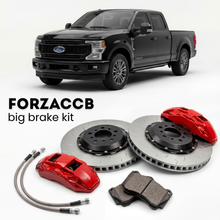 Black Ford F-250 Super Duty V Crew Cab Short box (2023+) shown above a ForzaCCB iron rotor big brake kit with 2x red 6-piston front calipers, 2x two-piece floating ventilated brake discs 380 mm, set of brake pads, and brake lines.
