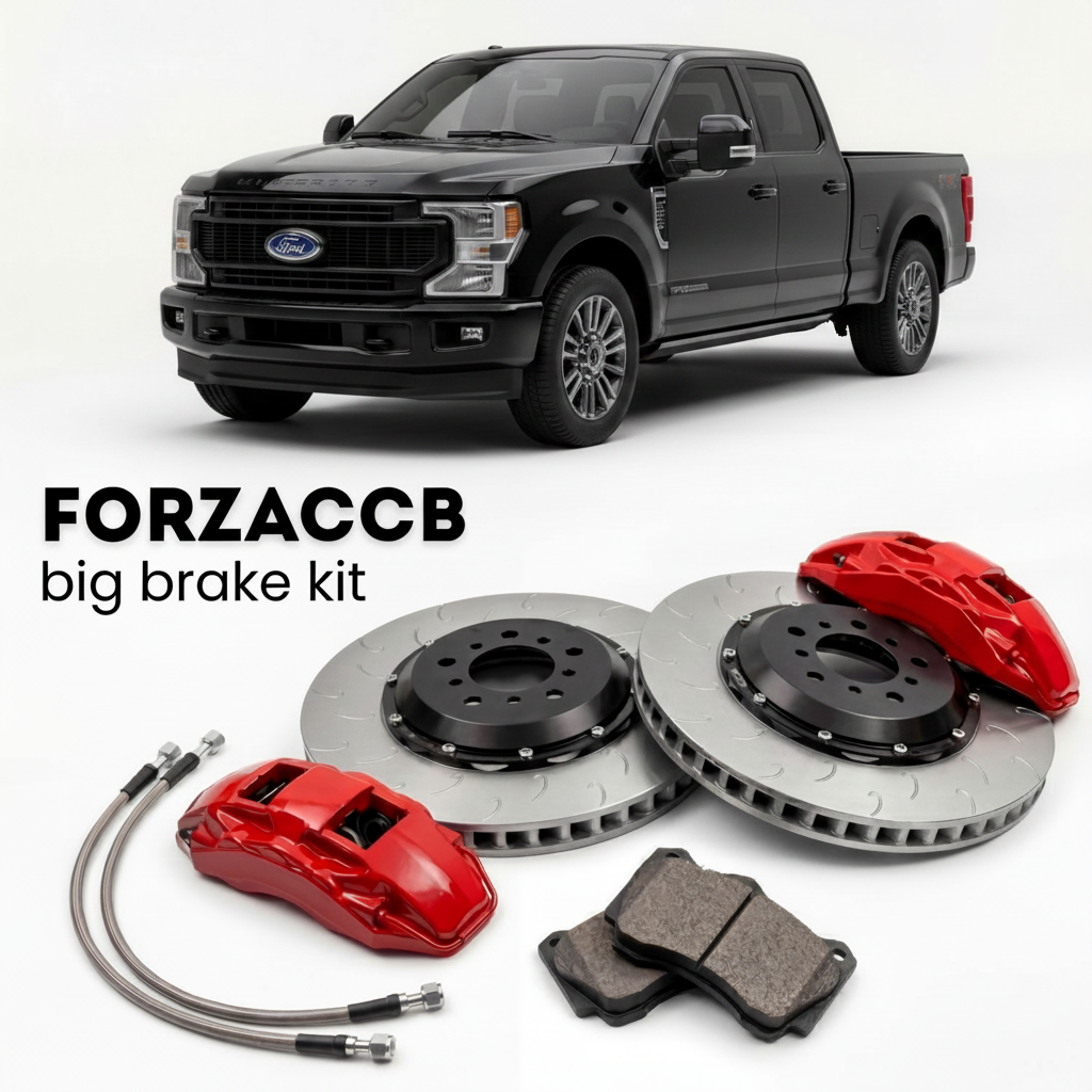 Black Ford F-250 Super Duty V Crew Cab Short box (2023+) shown above a ForzaCCB iron rotor big brake kit with 2x red 6-piston front calipers, 2x two-piece floating ventilated brake discs 380 mm, set of brake pads, and brake lines.