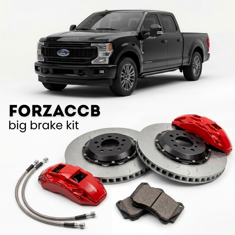 Black Ford F-250 Super Duty V Crew Cab Short box (2023+) shown above a ForzaCCB iron rotor big brake kit with 2x red 6-piston front calipers, 2x two-piece floating ventilated brake discs 380 mm, set of brake pads, and brake lines.