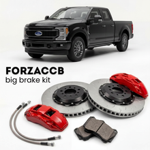 Black Ford F-250 Super Duty V Super Cab Long box (2023+) shown above a ForzaCCB iron rotor big brake kit with 2x red 6-piston front calipers, 2x two-piece floating ventilated brake discs 380 mm, set of brake pads, and brake lines.