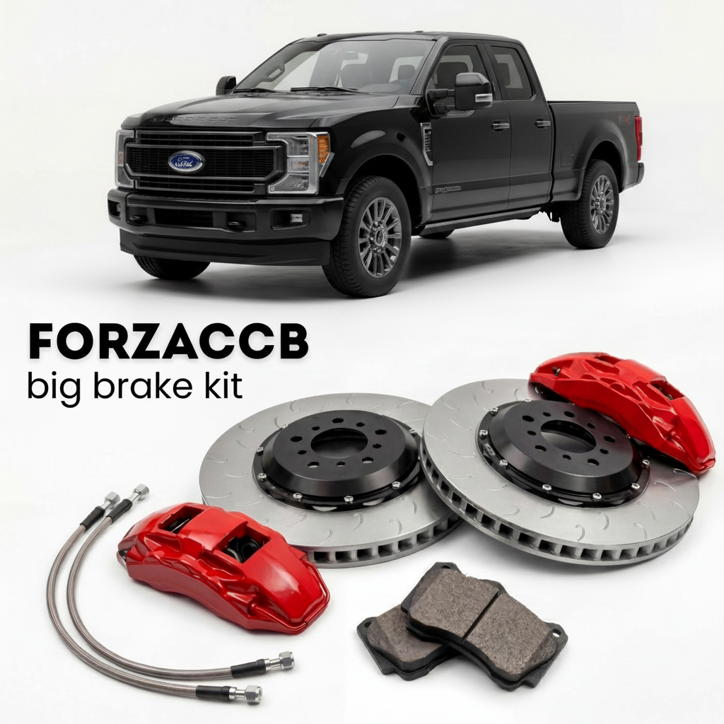 Black Ford F-250 Super Duty V Super Cab Long box (2023+) shown above a ForzaCCB iron rotor big brake kit with 2x red 6-piston front calipers, 2x two-piece floating ventilated brake discs 380 mm, set of brake pads, and brake lines.