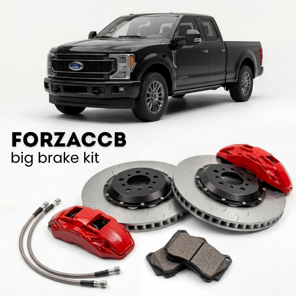 Black Ford F-250 Super Duty V Super Cab Long box (2023+) shown above a ForzaCCB iron rotor big brake kit with 2x red 6-piston front calipers, 2x two-piece floating ventilated brake discs 380 mm, set of brake pads, and brake lines.