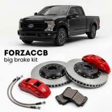Black Ford F-250 Super Duty V Super Cab Short box (2023+) shown above a ForzaCCB iron rotor big brake kit with 2x red 6-piston front calipers, 2x two-piece floating ventilated brake discs 380 mm, set of brake pads, and brake lines.