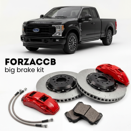 Black Ford F-250 Super Duty V Super Cab Short box (2023+) shown above a ForzaCCB iron rotor big brake kit with 2x red 6-piston front calipers, 2x two-piece floating ventilated brake discs 380 mm, set of brake pads, and brake lines.