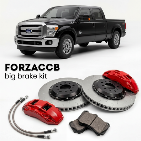 Black Ford F-350 Super Duty III Crew Cab Long box (2011-2016) shown above a ForzaCCB iron rotor big brake kit with 2x red 6-piston front calipers, 2x two-piece floating ventilated brake discs 380 mm, set of brake pads, and brake lines.