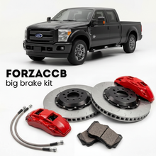 Black Ford F-350 Super Duty III Crew Cab Short box (2011-2016) shown above a ForzaCCB iron rotor big brake kit with 2x red 6-piston front calipers, 2x two-piece floating ventilated brake discs 380 mm, set of brake pads, and brake lines.