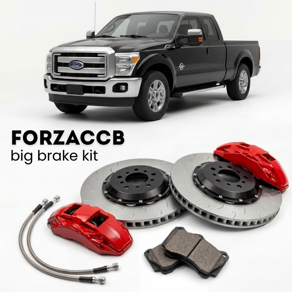 Black Ford F-350 Super Duty III Super Cab Long box (2011-2016) shown above a ForzaCCB iron rotor big brake kit with 2x red 6-piston front calipers, 2x two-piece floating ventilated brake discs 380 mm, set of brake pads, and brake lines.