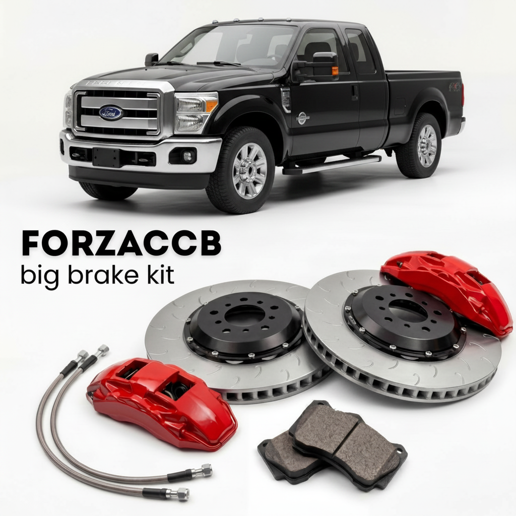 Black Ford F-350 Super Duty III Super Cab Short box (2011-2016) shown above a ForzaCCB iron rotor big brake kit with 2x red 6-piston front calipers, 2x two-piece floating ventilated brake discs 380 mm, set of brake pads, and brake lines.