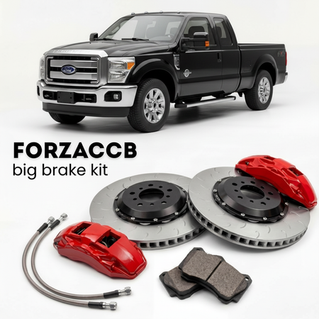 Black Ford F-350 Super Duty III Super Cab Short box (2011-2016) shown above a ForzaCCB iron rotor big brake kit with 2x red 6-piston front calipers, 2x two-piece floating ventilated brake discs 380 mm, set of brake pads, and brake lines.