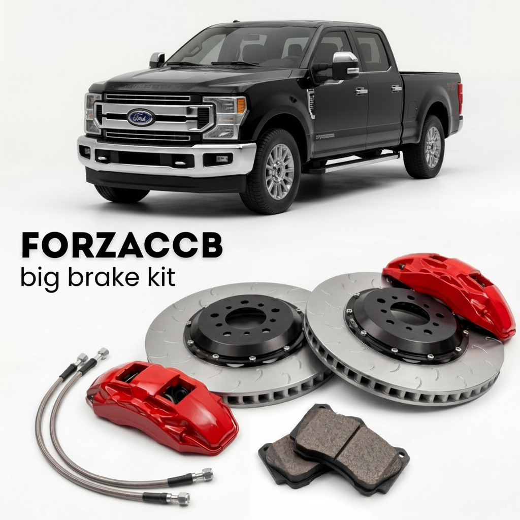 Black Ford F-350 Super Duty IV Crew Cab Long box (2017-2019) shown above a ForzaCCB iron rotor big brake kit with 2x red 6-piston front calipers, 2x two-piece floating ventilated brake discs 380 mm, set of brake pads, and brake lines.