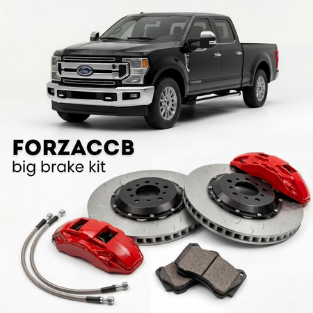 Black Ford F-350 Super Duty IV Crew Cab Long box (2017-2019) shown above a ForzaCCB iron rotor big brake kit with 2x red 6-piston front calipers, 2x two-piece floating ventilated brake discs 380 mm, set of brake pads, and brake lines.