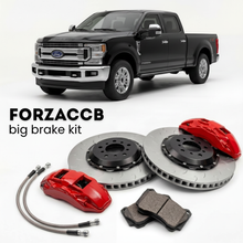 Black Ford F-350 Super Duty IV Crew Cab Short box (2017-2019) shown above a ForzaCCB iron rotor big brake kit with 2x red 6-piston front calipers, 2x two-piece floating ventilated brake discs 380 mm, set of brake pads, and brake lines.