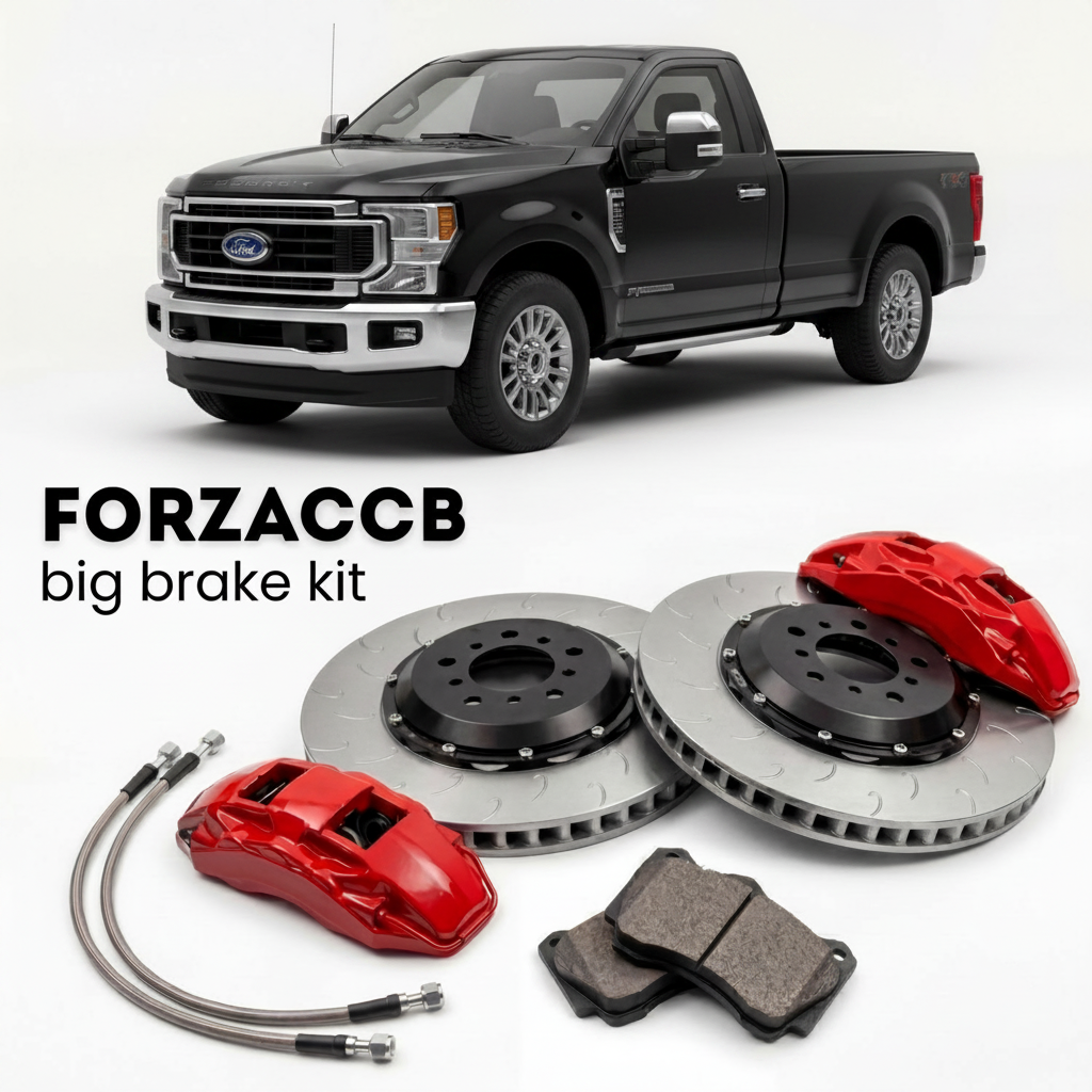 Black Ford F-350 Super Duty facelift 2020) Regular Cab Long box (2020-2022 (IV) shown above a ForzaCCB iron rotor big brake kit with 2x red 6-piston front calipers, 2x two-piece floating ventilated brake discs 380 mm, set of brake pads, and brake lines.