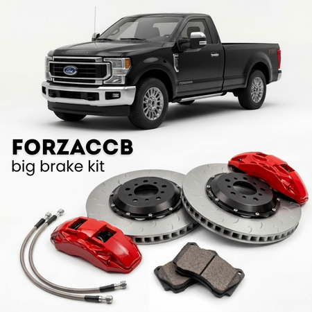 Black Ford F-350 Super Duty facelift 2020) Regular Cab Long box (2020-2022 (IV) shown above a ForzaCCB iron rotor big brake kit with 2x red 6-piston front calipers, 2x two-piece floating ventilated brake discs 380 mm, set of brake pads, and brake lines.