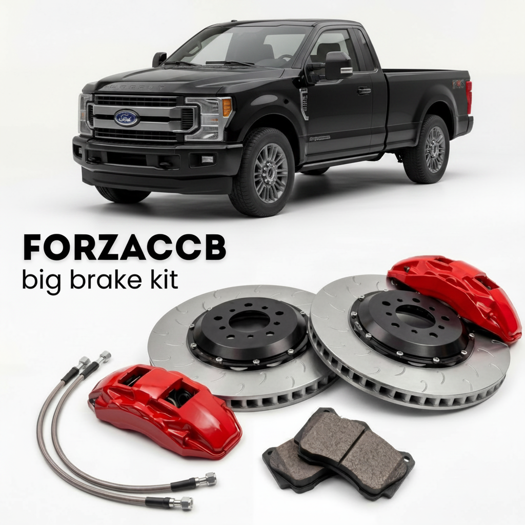 Black Ford F-350 Super Duty IV Regular Cab Long box (2017-2019) shown above a ForzaCCB iron rotor big brake kit with 2x red 6-piston front calipers, 2x two-piece floating ventilated brake discs 380 mm, set of brake pads, and brake lines.