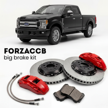 Black Ford F-350 Super Duty IV Super Cab Short box (2017-2019) shown above a ForzaCCB iron rotor big brake kit with 2x red 6-piston front calipers, 2x two-piece floating ventilated brake discs 380 mm, set of brake pads, and brake lines.