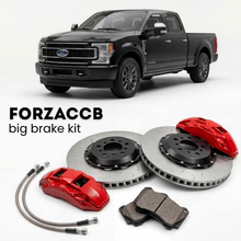 Black Ford F-350 Super Duty V Crew Cab Long box (2023+) shown above a ForzaCCB iron rotor big brake kit with 2x red 6-piston front calipers, 2x two-piece floating ventilated brake discs 380 mm, set of brake pads, and brake lines.