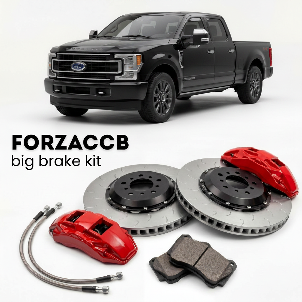 Black Ford F-350 Super Duty V Crew Cab Long box (2023+) shown above a ForzaCCB iron rotor big brake kit with 2x red 6-piston front calipers, 2x two-piece floating ventilated brake discs 380 mm, set of brake pads, and brake lines.