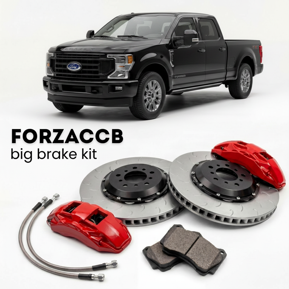 Black Ford F-350 Super Duty V Crew Cab Short box (2023+) shown above a ForzaCCB iron rotor big brake kit with 2x red 6-piston front calipers, 2x two-piece floating ventilated brake discs 380 mm, set of brake pads, and brake lines.