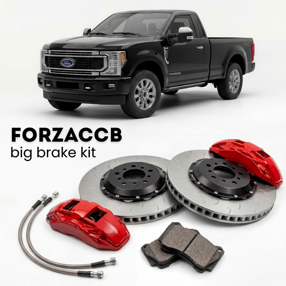 Black Ford F-350 Super Duty V Regular Cab Long box (2023+) shown above a ForzaCCB iron rotor big brake kit with 2x red 6-piston front calipers, 2x two-piece floating ventilated brake discs 380 mm, set of brake pads, and brake lines.
