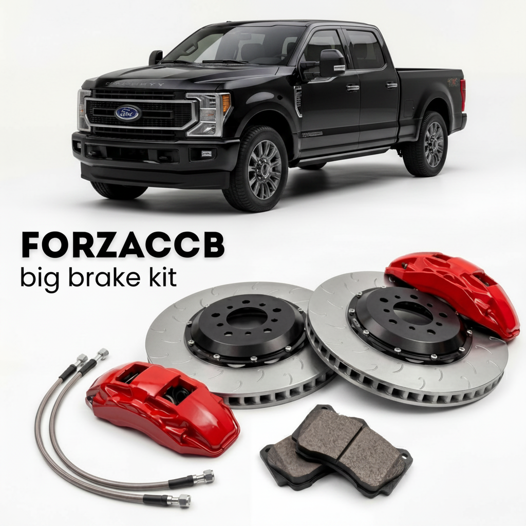 Black Ford F-350 Super Duty V Super Cab Long box (2023+) shown above a ForzaCCB iron rotor big brake kit with 2x red 6-piston front calipers, 2x two-piece floating ventilated brake discs 380 mm, set of brake pads, and brake lines.