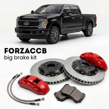 Black Ford F-350 Super Duty V Super Cab Long box (2023+) shown above a ForzaCCB iron rotor big brake kit with 2x red 6-piston front calipers, 2x two-piece floating ventilated brake discs 380 mm, set of brake pads, and brake lines.