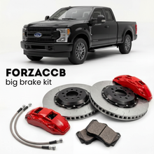 Black Ford F-350 Super Duty V Super Cab Short box (2023+) shown above a ForzaCCB iron rotor big brake kit with 2x red 6-piston front calipers, 2x two-piece floating ventilated brake discs 380 mm, set of brake pads, and brake lines.