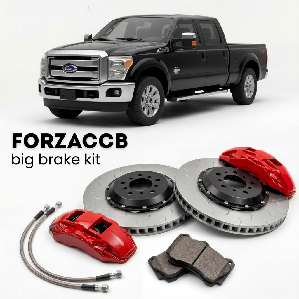 Black Ford F-450 Super Duty III Crew Cab Long box (2011-2016) shown above a ForzaCCB iron rotor big brake kit with 2x red 6-piston front calipers, 2x two-piece floating ventilated brake discs 380 mm, set of brake pads, and brake lines.