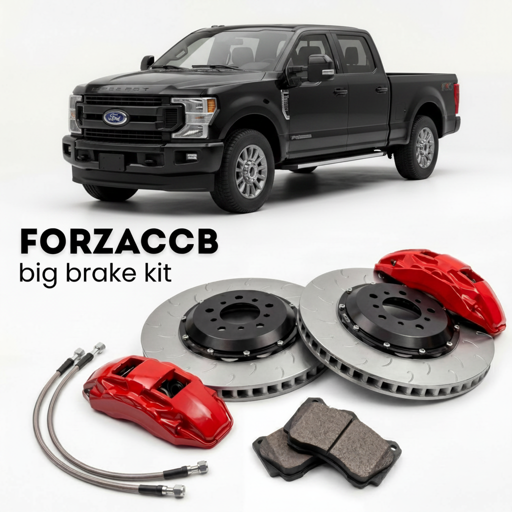 Black Ford F-450 Super Duty IV Crew Cab Long box (2017-2019) shown above a ForzaCCB iron rotor big brake kit with 2x red 6-piston front calipers, 2x two-piece floating ventilated brake discs 380 mm, set of brake pads, and brake lines.