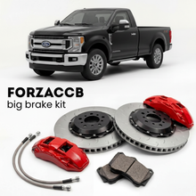 Black Ford F-450 Super Duty facelift 2020) Regular Cab Long box (2020-2022 (IV) shown above a ForzaCCB iron rotor big brake kit with 2x red 6-piston front calipers, 2x two-piece floating ventilated brake discs 380 mm, set of brake pads, and brake lines.