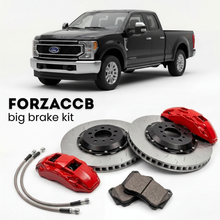 Black Ford F-450 Super Duty V Regular Cab Long box (2023+) shown above a ForzaCCB iron rotor big brake kit with 2x red 6-piston front calipers, 2x two-piece floating ventilated brake discs 380 mm, set of brake pads, and brake lines.