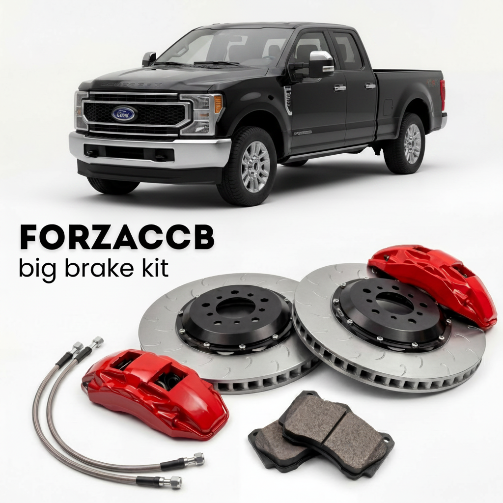 Black Ford F-450 Super Duty V Regular Cab Long box (2023+) shown above a ForzaCCB iron rotor big brake kit with 2x red 6-piston front calipers, 2x two-piece floating ventilated brake discs 380 mm, set of brake pads, and brake lines.