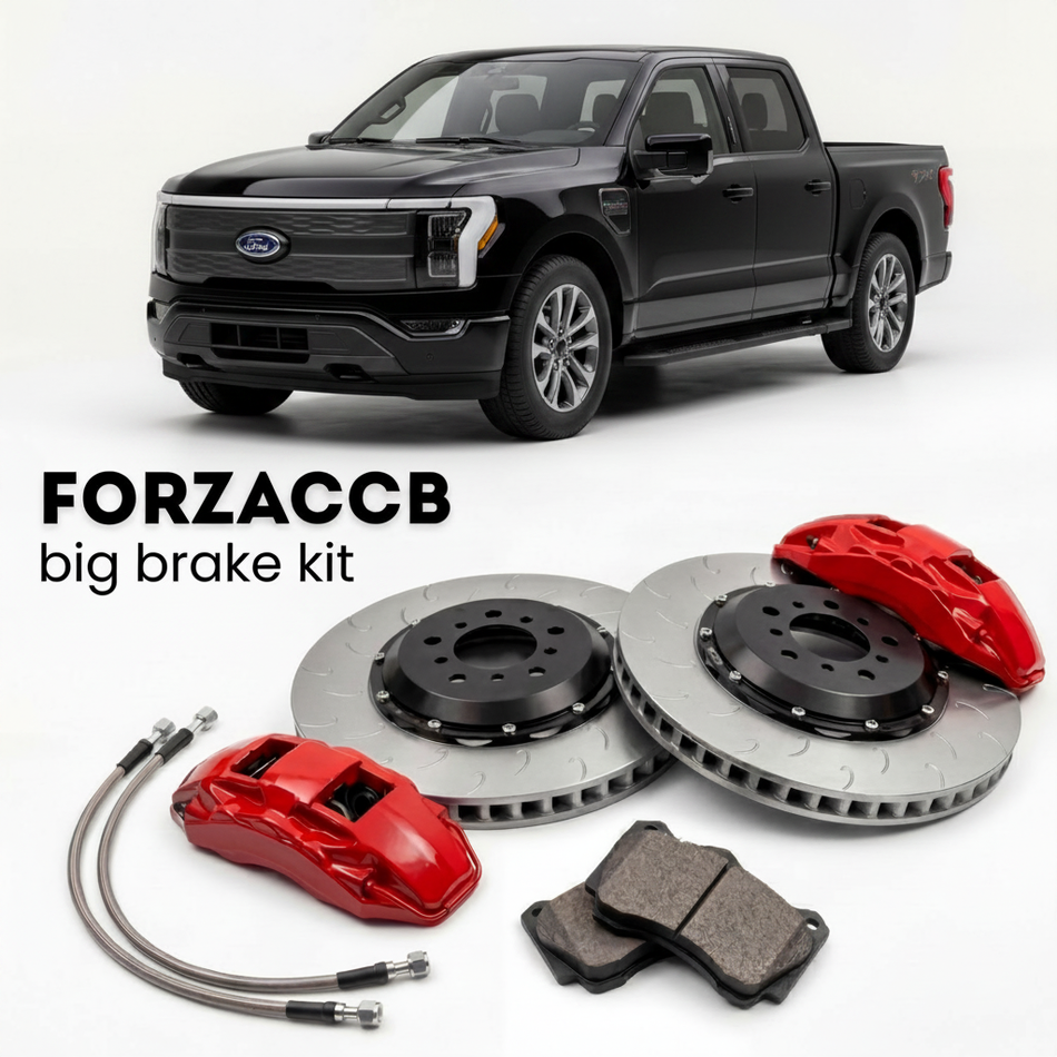 Black Ford F-Series F-100/F-150 Ford F-Series F-150 Lightning XIV SuperCrew (2021+) shown above a ForzaCCB iron rotor big brake kit with 2x red 6-piston front calipers, 2x two-piece floating ventilated brake discs 380 mm, set of brake pads, and brake lines.