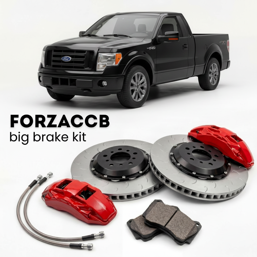 Black Ford F-Series F-100/F-150 Ford F-Series F-150 XI Regular Cab (2005-2008) shown above a ForzaCCB iron rotor big brake kit with 2x red 6-piston front calipers, 2x two-piece floating ventilated brake discs 380 mm, set of brake pads, and brake lines.