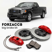 Black Ford F-Series F-100/F-150 Ford F-Series F-150 XI SuperCab (2005-2008) shown above a ForzaCCB iron rotor big brake kit with 2x red 6-piston front calipers, 2x two-piece floating ventilated brake discs 380 mm, set of brake pads, and brake lines.