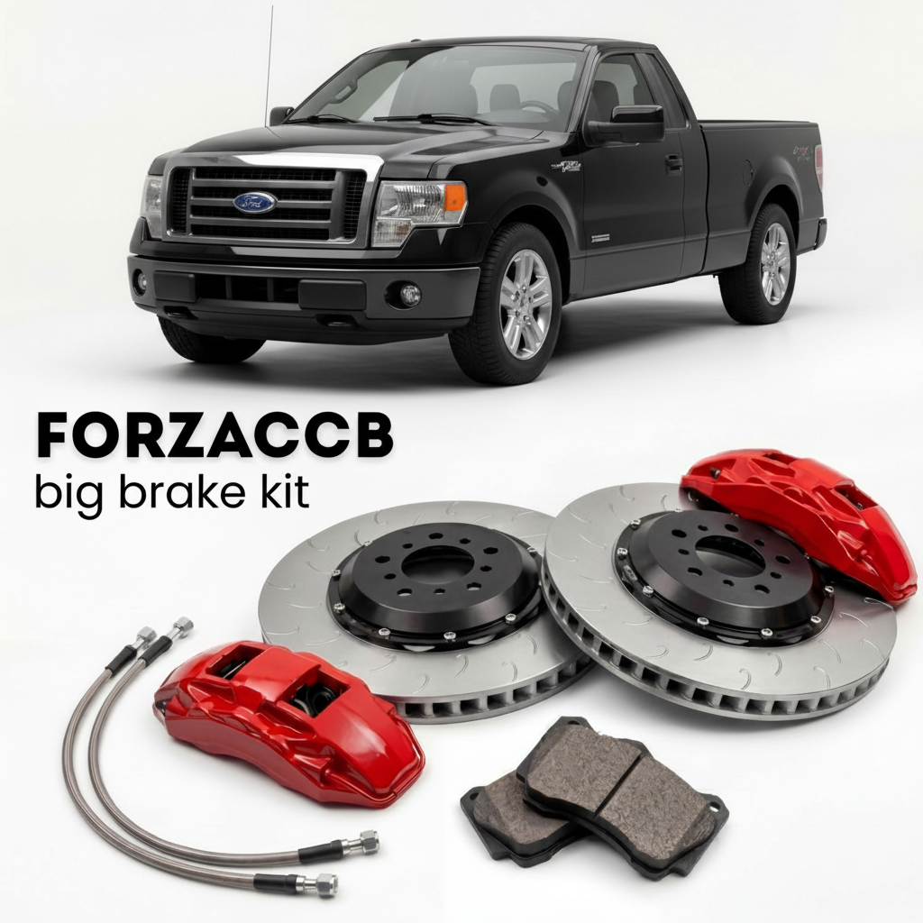Black Ford F-Series F-100/F-150 Ford F-Series F-150 XI SuperCab (2005-2008) shown above a ForzaCCB iron rotor big brake kit with 2x red 6-piston front calipers, 2x two-piece floating ventilated brake discs 380 mm, set of brake pads, and brake lines.