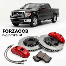 Black Ford F-Series F-100/F-150 Ford F-Series F-150 XI SuperCrew (2005-2008) shown above a ForzaCCB iron rotor big brake kit with 2x red 6-piston front calipers, 2x two-piece floating ventilated brake discs 380 mm, set of brake pads, and brake lines.