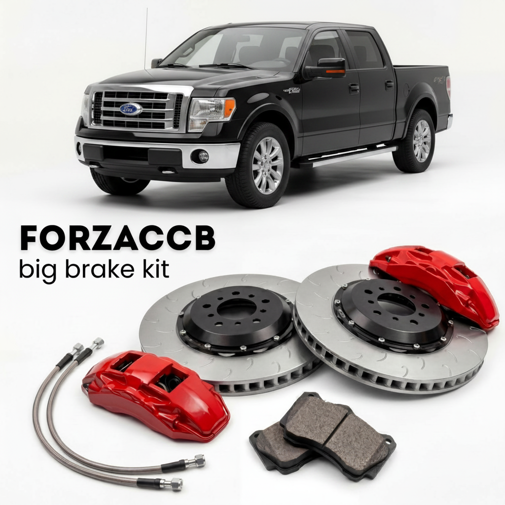 Black Ford F-Series F-100/F-150 Ford F-Series F-150 XI SuperCrew (2005-2008) shown above a ForzaCCB iron rotor big brake kit with 2x red 6-piston front calipers, 2x two-piece floating ventilated brake discs 380 mm, set of brake pads, and brake lines.