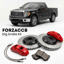 Black Ford F-Series F-100/F-150 Ford F-Series F-150 XII Regular Cab (2008-2014) shown above a ForzaCCB iron rotor big brake kit with 2x red 6-piston front calipers, 2x two-piece floating ventilated brake discs 380 mm, set of brake pads, and brake lines.