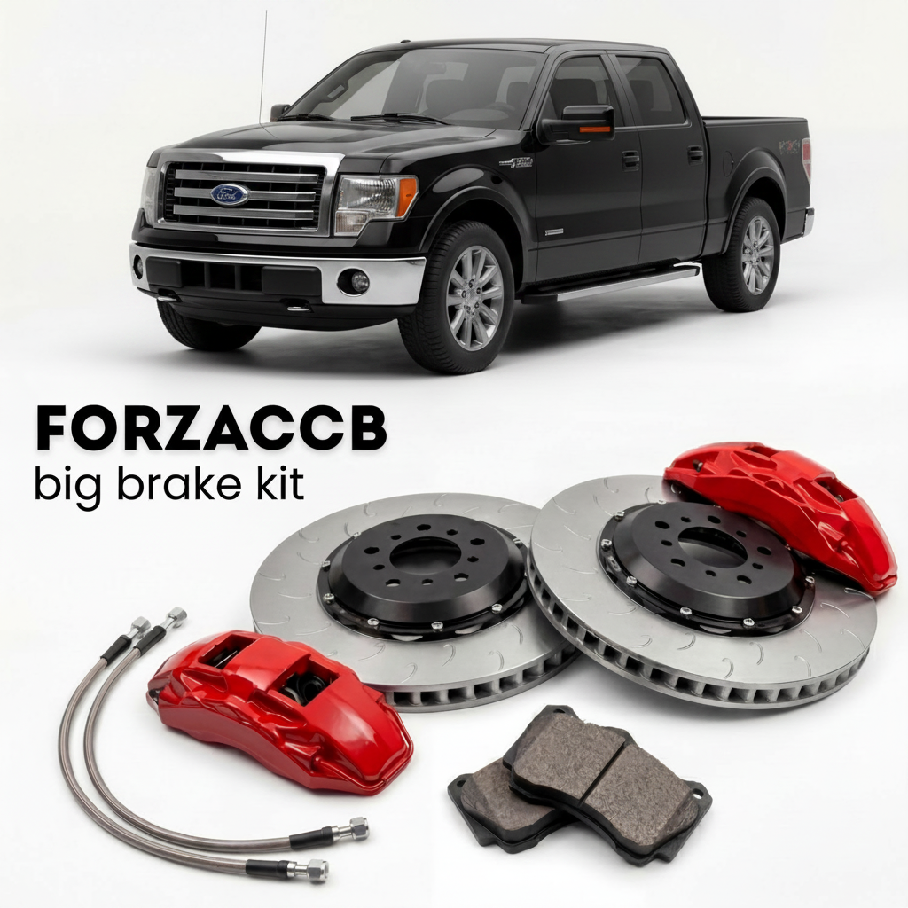 Black Ford F-Series F-100/F-150 Ford F-Series F-150 XII SuperCab (2008-2014) shown above a ForzaCCB iron rotor big brake kit with 2x red 6-piston front calipers, 2x two-piece floating ventilated brake discs 380 mm, set of brake pads, and brake lines.
