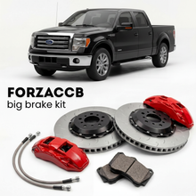 Black Ford F-Series F-100/F-150 Ford F-Series F-150 XII SuperCab (2008-2014) shown above a ForzaCCB iron rotor big brake kit with 2x red 6-piston front calipers, 2x two-piece floating ventilated brake discs 380 mm, set of brake pads, and brake lines.