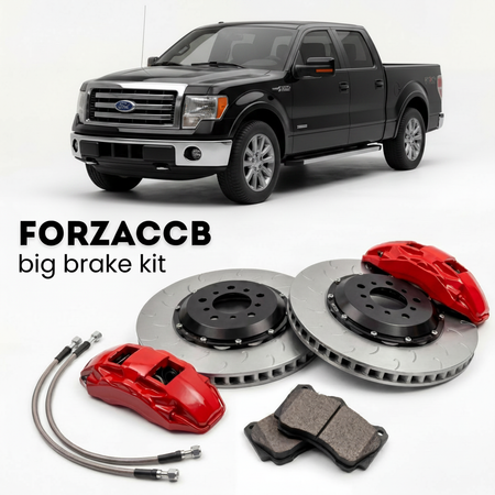 Black Ford F-Series F-100/F-150 Ford F-Series F-150 XII SuperCab (2008-2014) shown above a ForzaCCB iron rotor big brake kit with 2x red 6-piston front calipers, 2x two-piece floating ventilated brake discs 380 mm, set of brake pads, and brake lines.