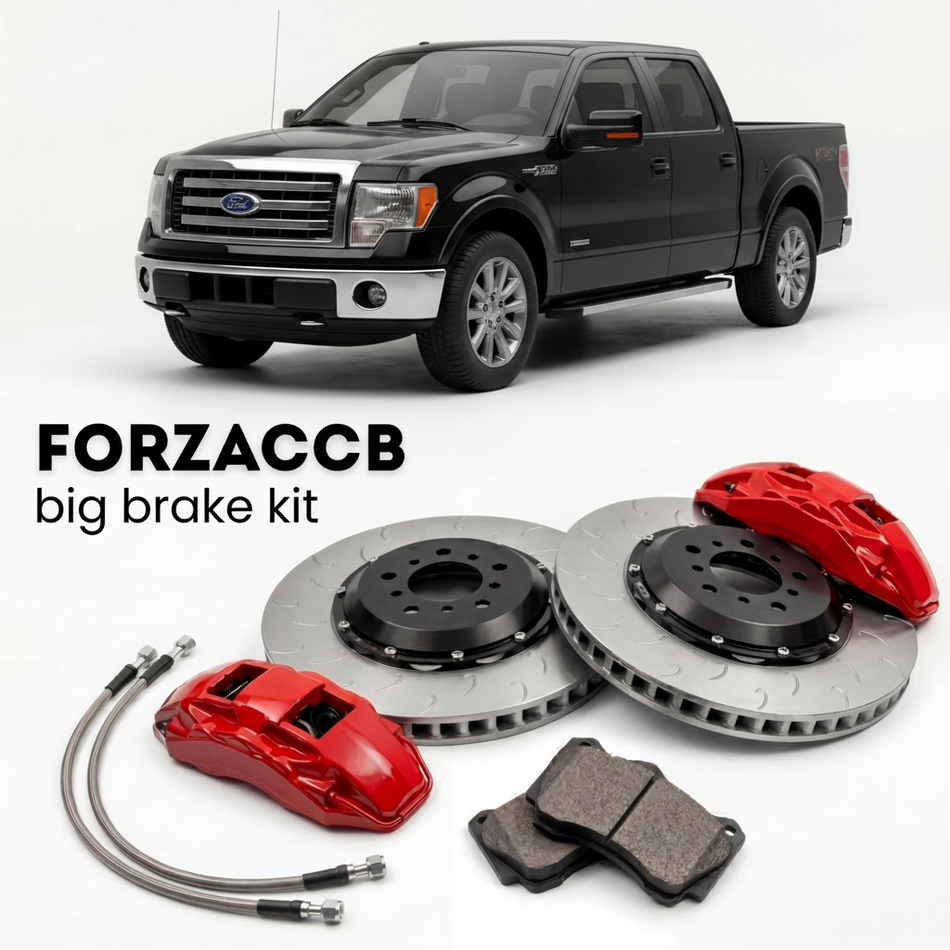 Black Ford F-Series F-100/F-150 Ford F-Series F-150 XII SuperCab (2008-2014) shown above a ForzaCCB iron rotor big brake kit with 2x red 6-piston front calipers, 2x two-piece floating ventilated brake discs 380 mm, set of brake pads, and brake lines.