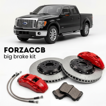Black Ford F-Series F-100/F-150 Ford F-Series F-150 XII SuperCrew (2008-2014) shown above a ForzaCCB iron rotor big brake kit with 2x red 6-piston front calipers, 2x two-piece floating ventilated brake discs 380 mm, set of brake pads, and brake lines.