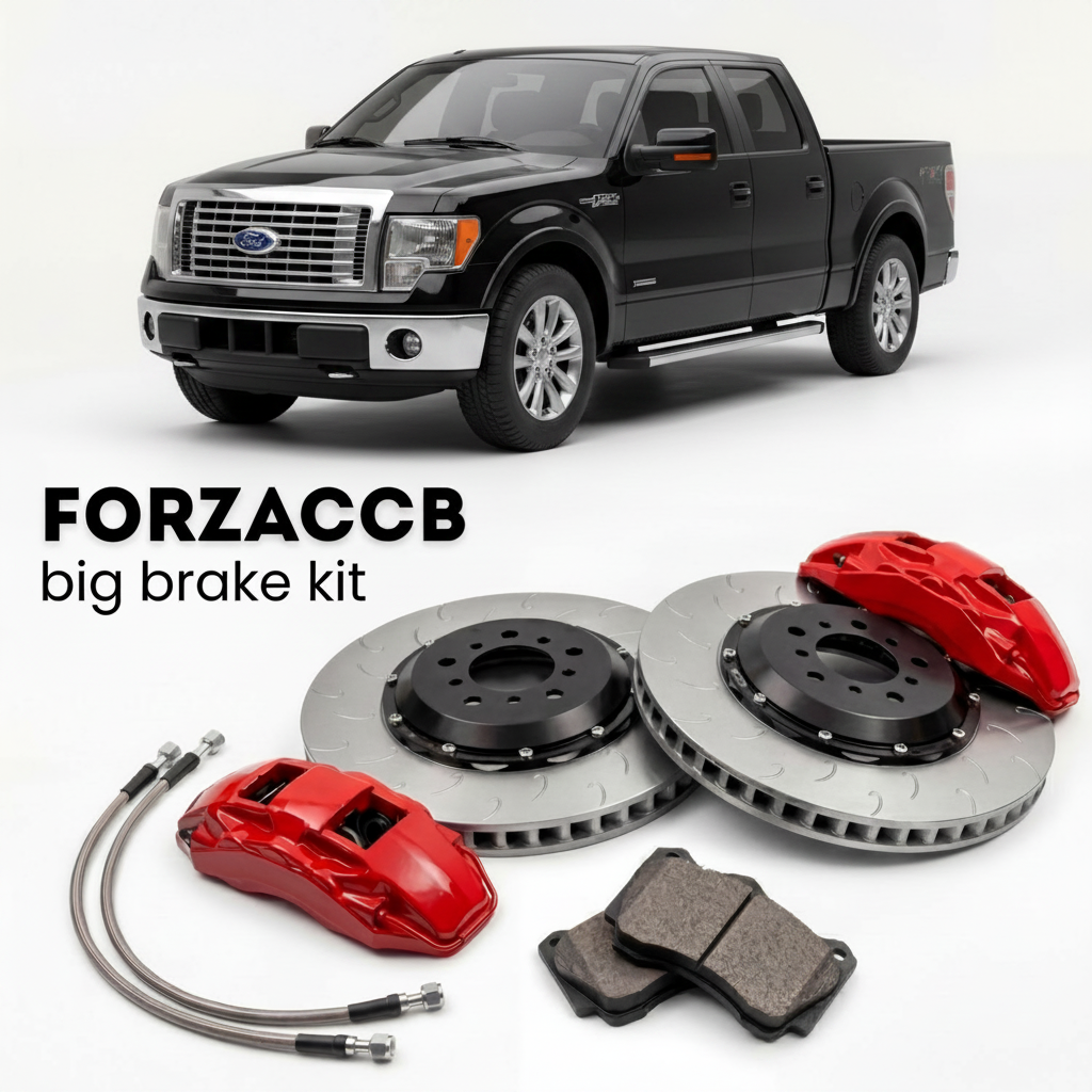 Black Ford F-Series F-100/F-150 Ford F-Series F-150 XII SuperCrew (2008-2014) shown above a ForzaCCB iron rotor big brake kit with 2x red 6-piston front calipers, 2x two-piece floating ventilated brake discs 380 mm, set of brake pads, and brake lines.