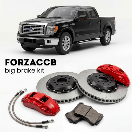 Black Ford F-Series F-100/F-150 Ford F-Series F-150 XII SuperCrew (2008-2014) shown above a ForzaCCB iron rotor big brake kit with 2x red 6-piston front calipers, 2x two-piece floating ventilated brake discs 380 mm, set of brake pads, and brake lines.